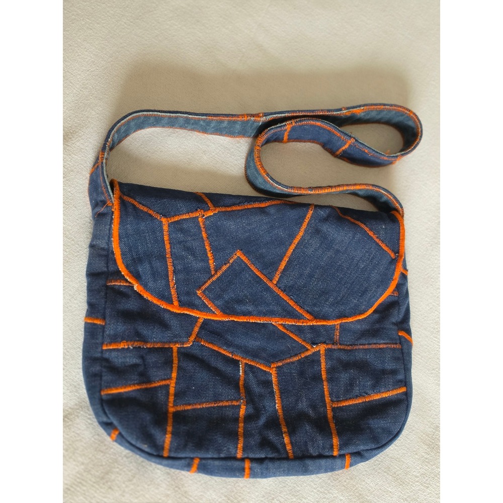 Vintage Denim Crossbody Bag Blue Orange Contrast Stitch Patchwork Messenger